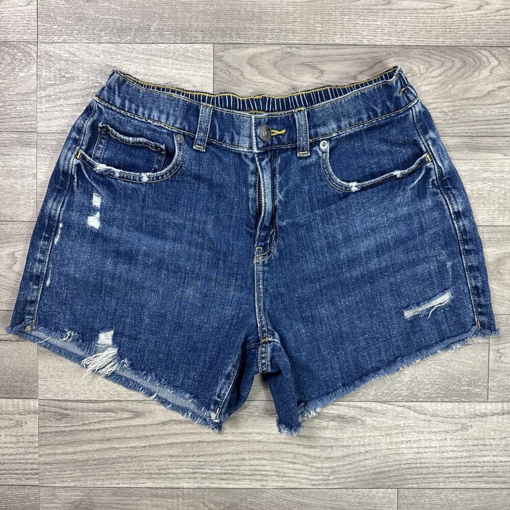 Aerie Denim Jean Shorts High Rise Distressed Frayed Hem Dark Wash sz S